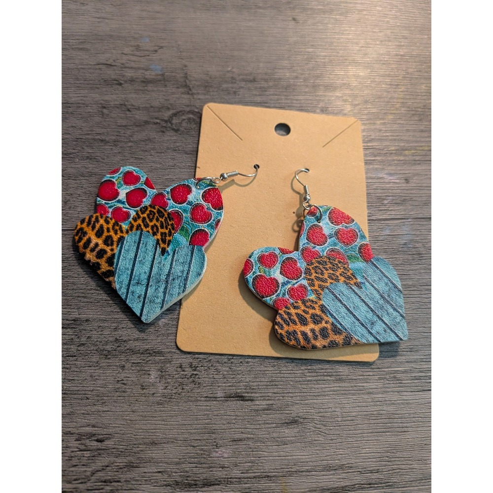Faux Leather Triple Layer Heart Dangle Earrings Leopard Wood Grain Polka Dot
